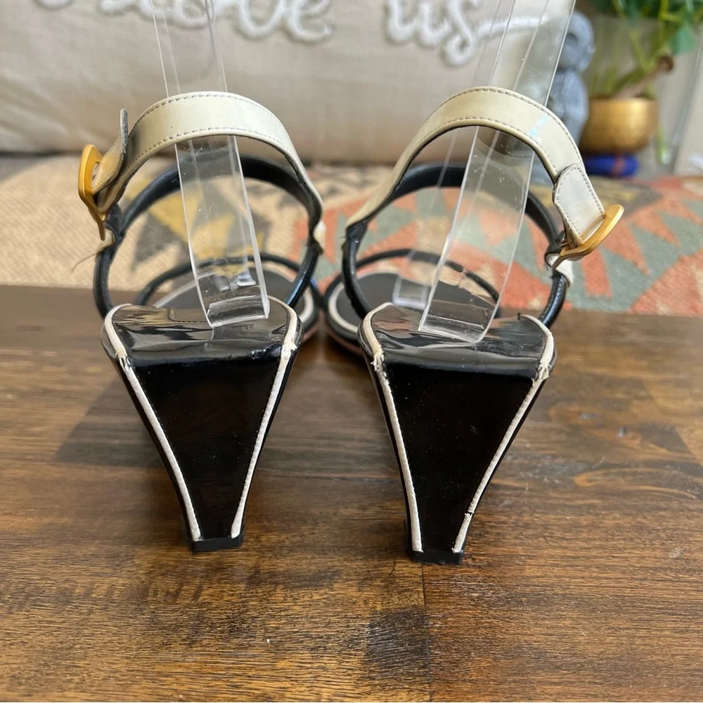 Salvatore Ferragamo Black Leather White Trim Strappy Slingback Sandals 9.5B